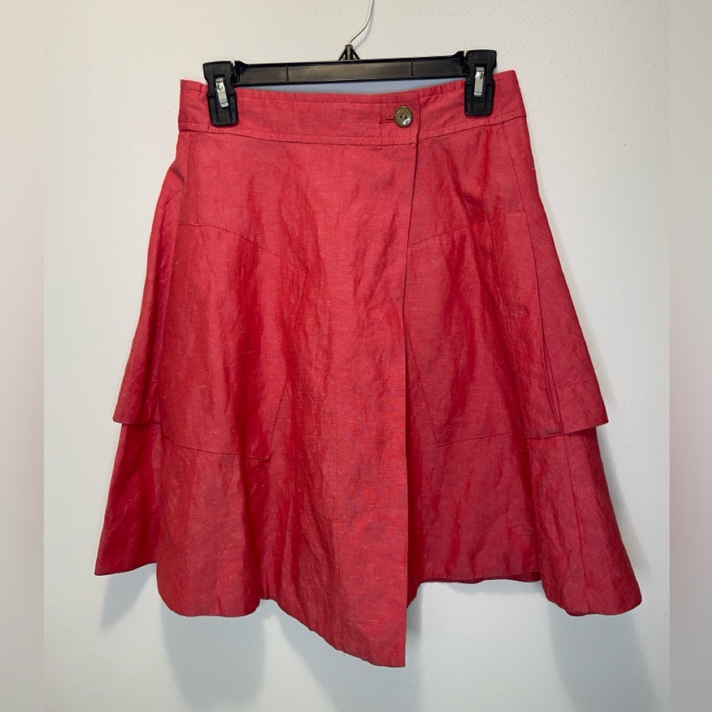 Anthropologie Red Pink Ruffle Tiered Silk Linen Wrap Skirt